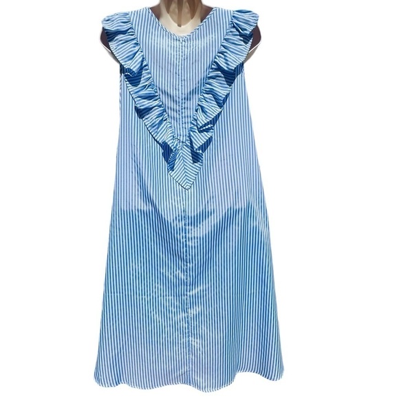 Ruffle Yoke Summer Sleeveless Mini Dress Stripe Light Blue White new - Picture 2 of 4